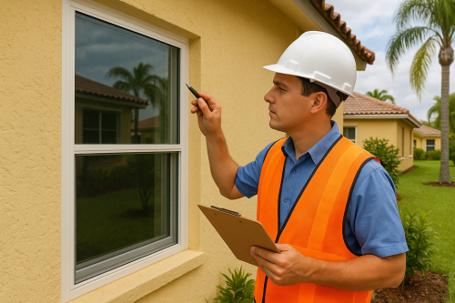 A homeonwers insurance inspector inspecting impact windows for impact-rated compliance