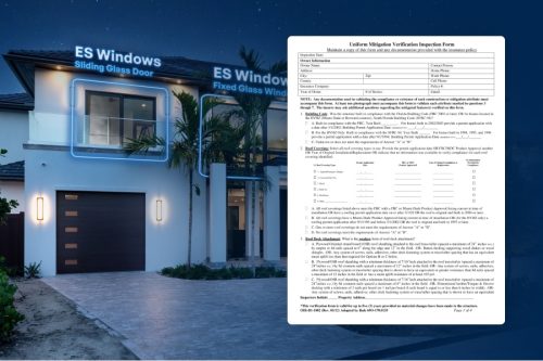 Wind Mitigation Report Document with South Florida Home with Impact Windows as background.
